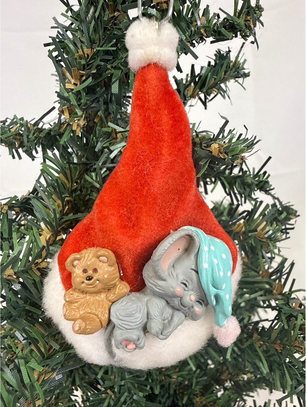 Vintage 1987 Hallmark Christmas Ornament Sleeping Mouse with Teddy Bear in Santa